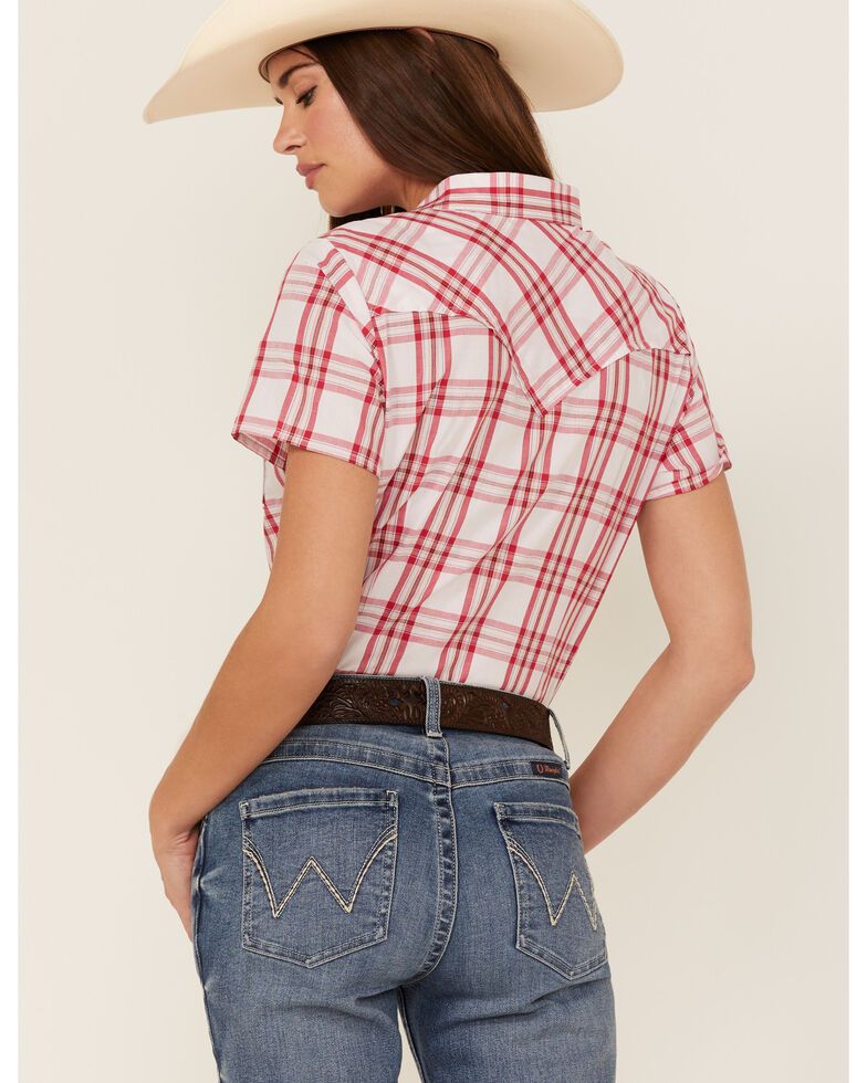 Wrangler Women's Essential Plaid Print Short Sleeve Snap Western Shirt, Red, hi-res