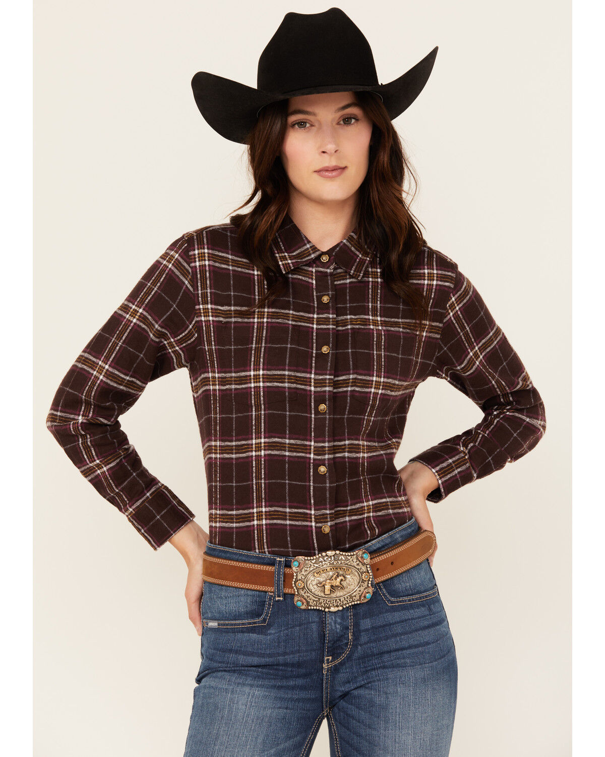 Image #1 - Shyanne Women's Plaid Print Long Sleeve Snap Western Shirt, Chocolate, hi-res