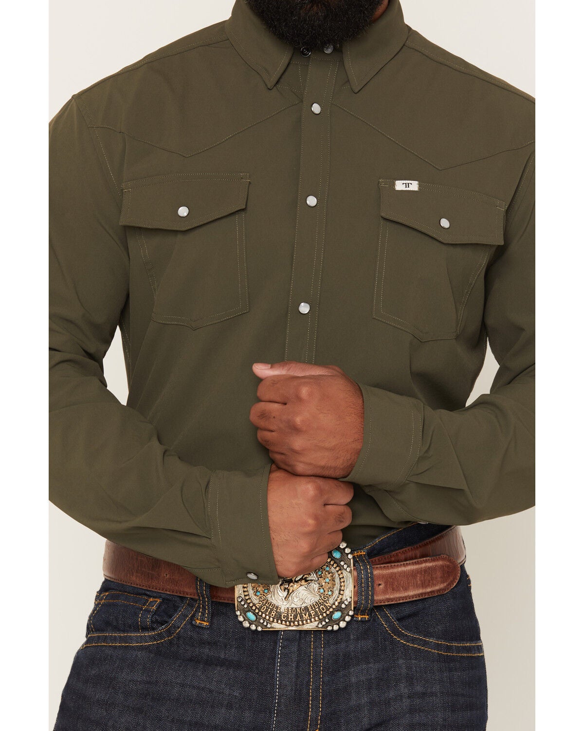 Image #3 - Ferrell Men's Tek Solid Short Sleeve Pearl Snap Stretch Performance Western Shirt, Olive, hi-res