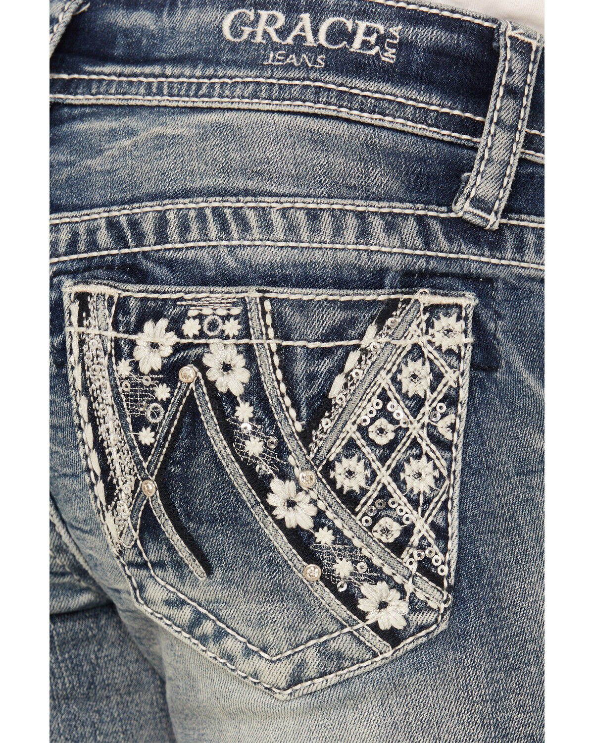 Image #2 - Grace In LA Girls' Medium Wash Floral Embroidered Bootcut Stretch Denim Jeans, Blue, hi-res