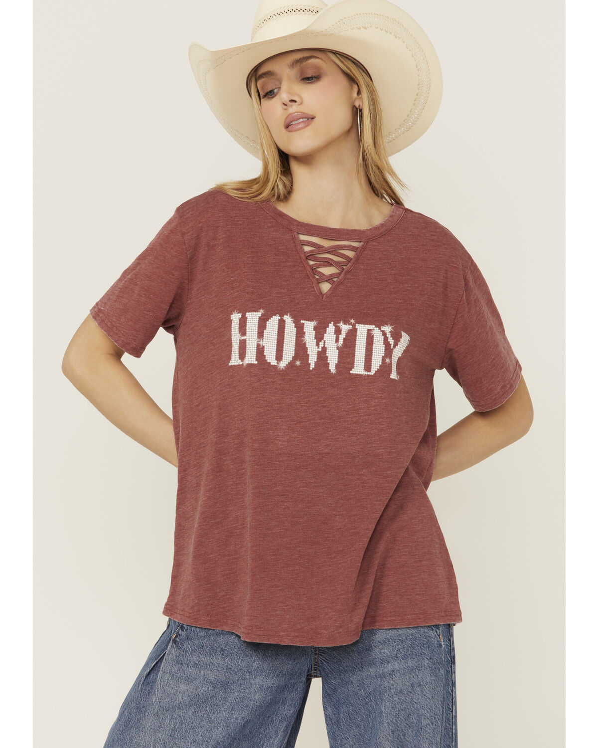 Image #1 - Blended Women's Howdy Rhinestone Short Sleeve Graphic Tee, Red, hi-res