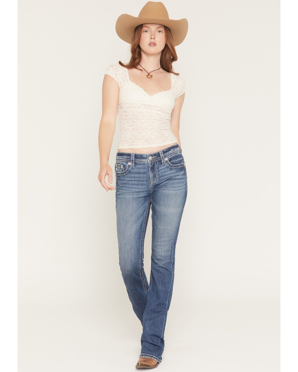 Image #3 - Miss Me Women's Medium Wash Mid Rise Wing Pocket 32" Bootcut Stretch Denim Jeans, Medium Wash, hi-res