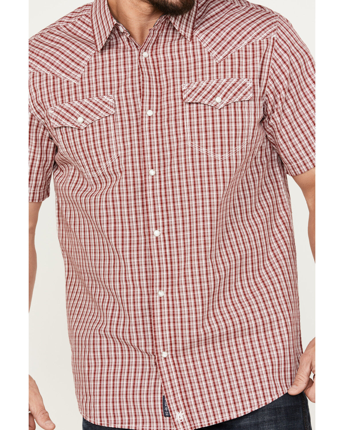 Image #3 - Moonshine Spirit Men's Stage Light Plaid Print Short Sleeve Western Pearl Snap Shirt, Red, hi-res