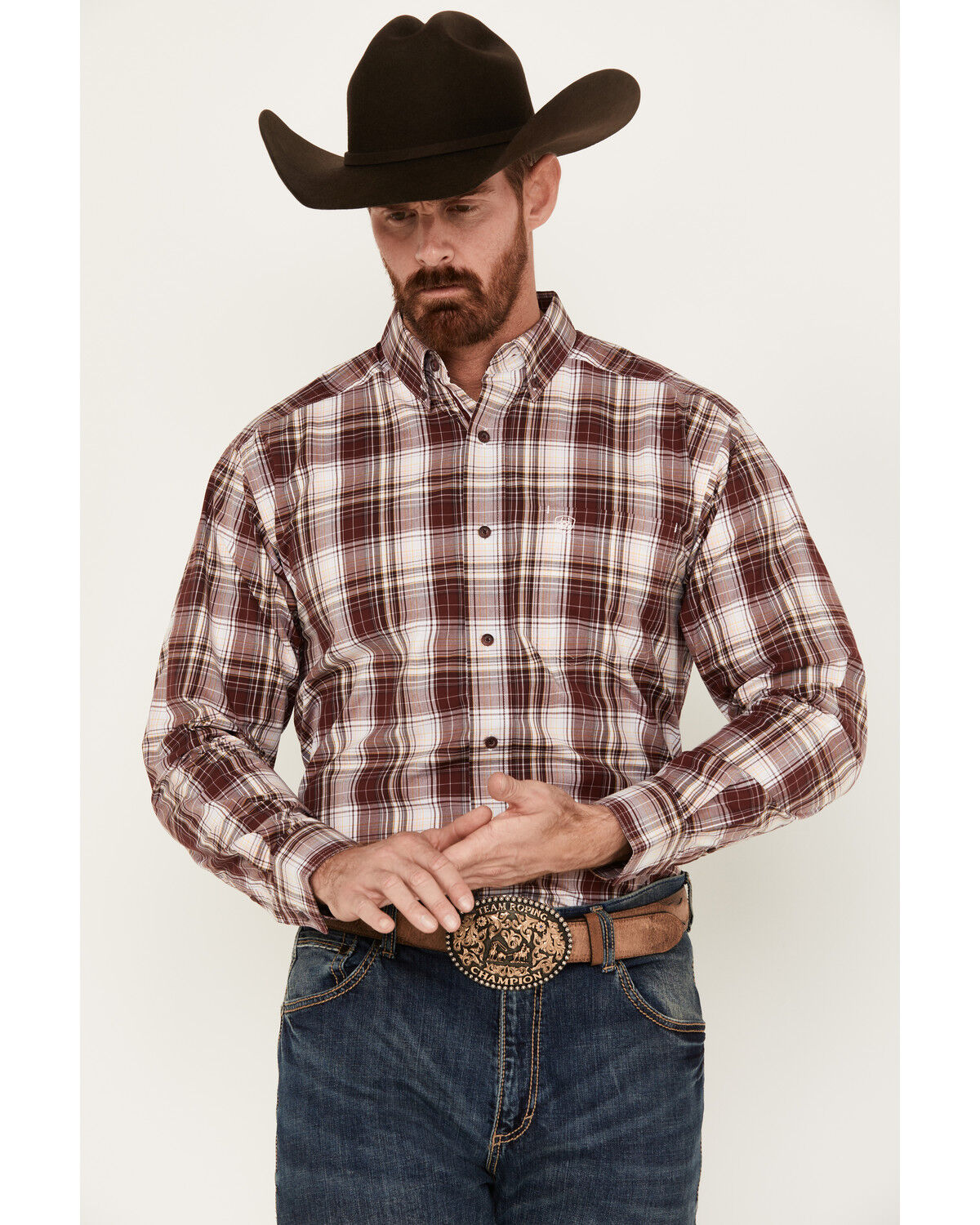 Image #1 - Ariat Men's Adrian Plaid Print Long Sleeve Button-Down Western Shirt, Maroon, hi-res