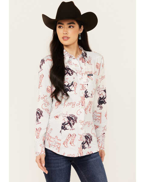 Wrangler Retro Women's Rodeo Print Long Sleeve Snap Western Shirt , Light Blue, hi-res
