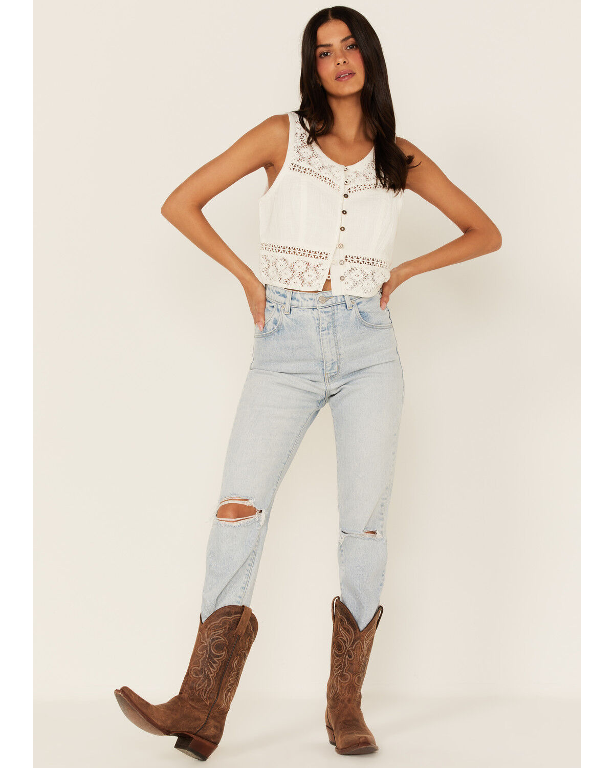 Image #3 - Cleo + Wolf Women's Crochet Floral Cropped Tank Top, Ivory, hi-res