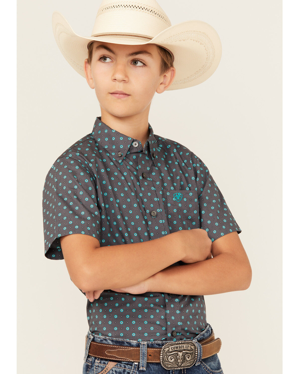 Image #1 - Ariat Boys' Geo Print Short Sleeve Button-Down Western Shirt, Grey, hi-res