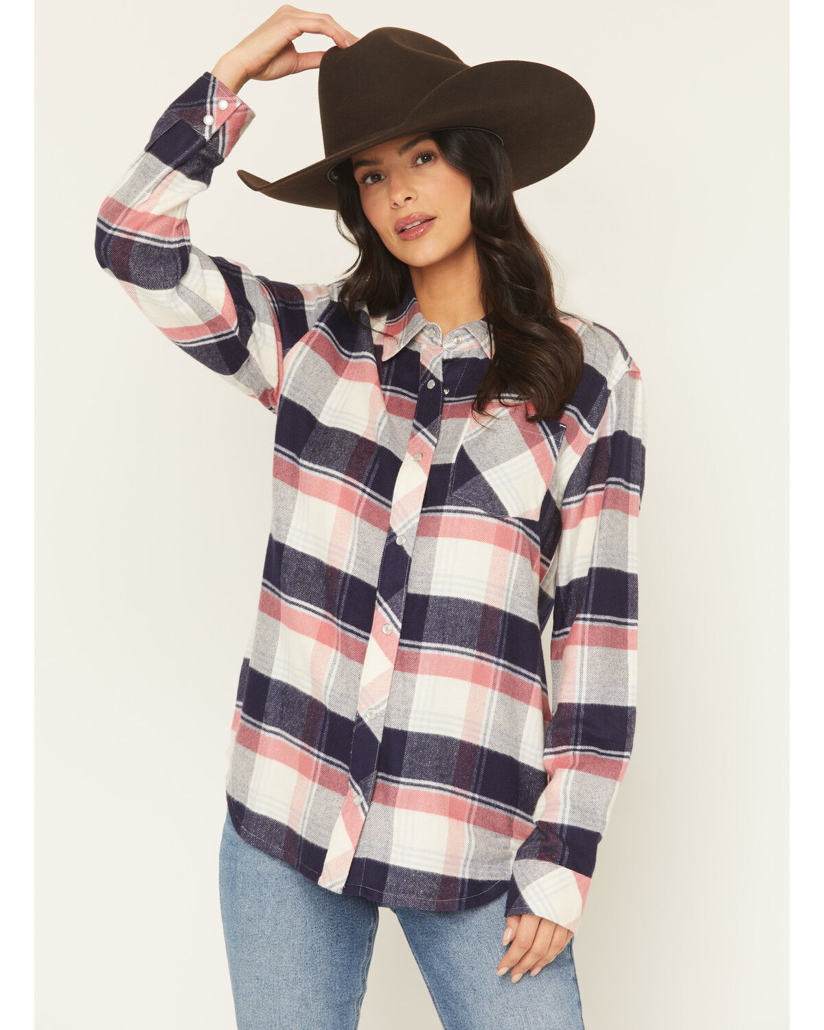 Image #1 - Idyllwind Women's Skip Jack Plaid Print Long Sleeve Snap Flannel Shirt, Indigo, hi-res