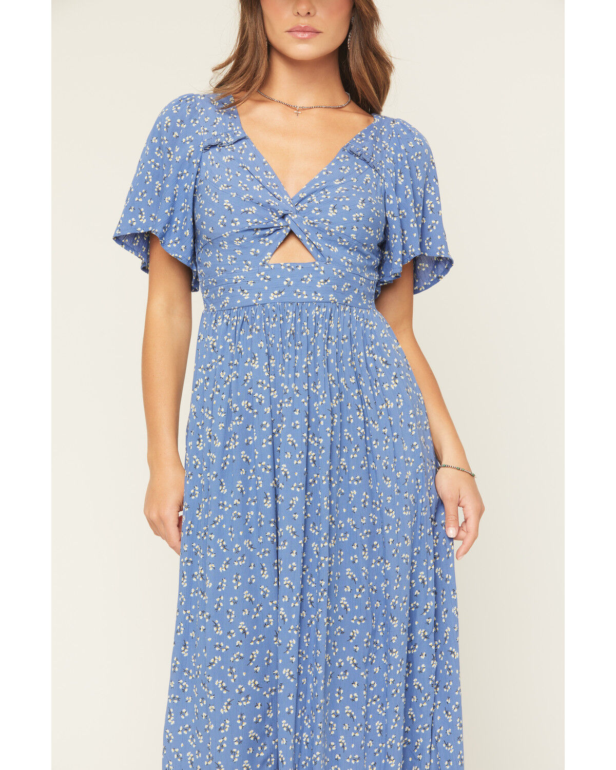 Image #3 - Angie Women's Floral Print Knot Short Sleeve Midi Dress, Blue, hi-res