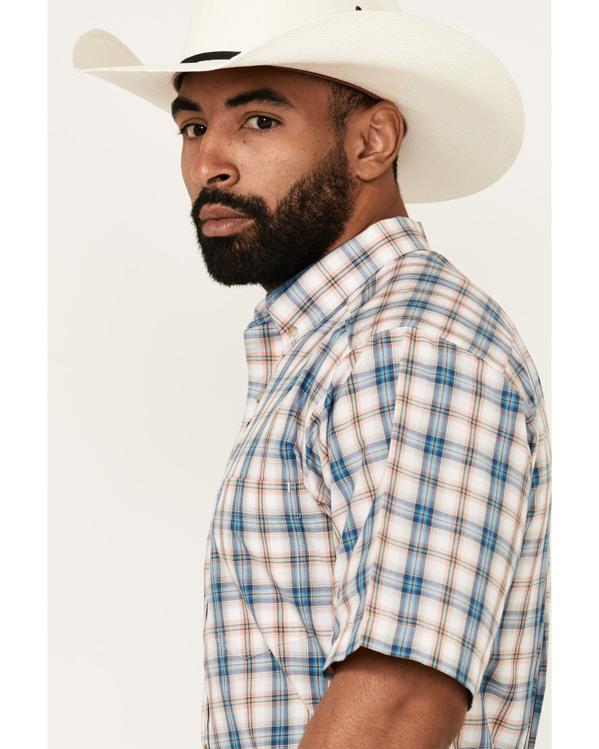 Image #2 - Ariat Men's Rowdy Plaid Print Short Sleeve Button-Down Performance Western Shirt, Blue, hi-res