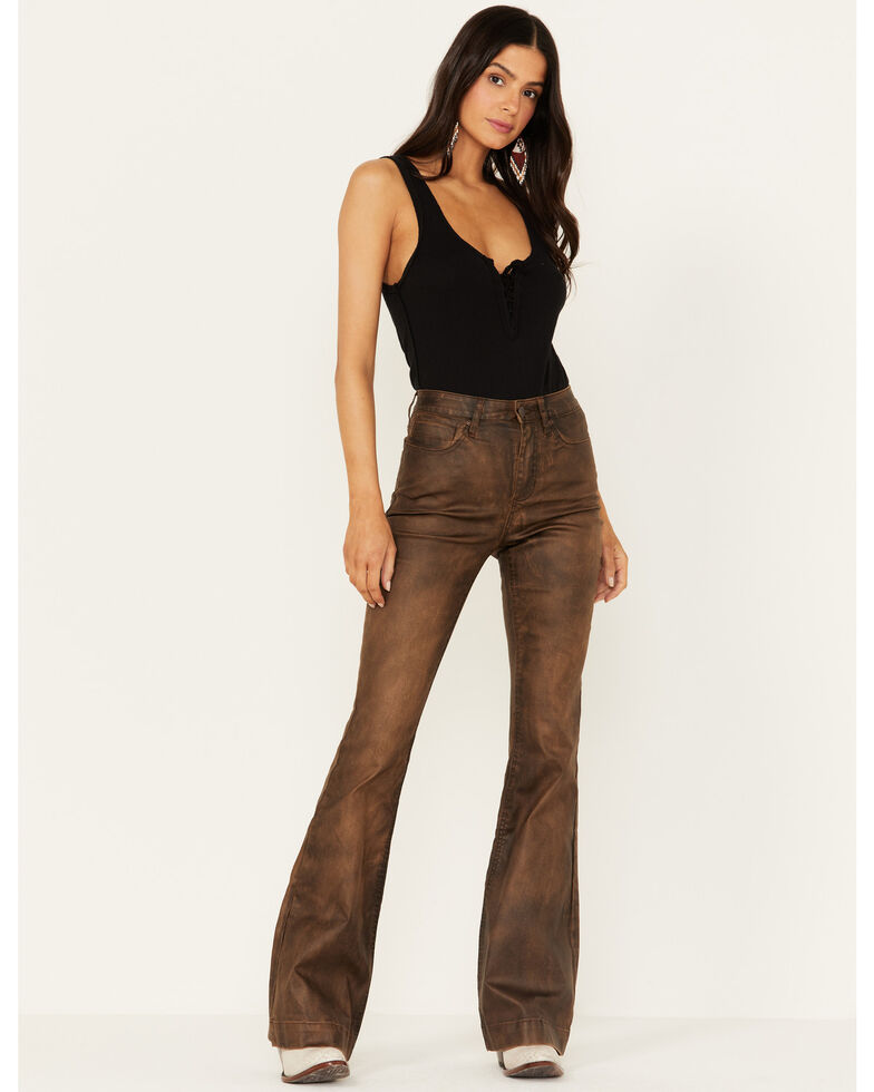 Idyllwind Women's High Rise Coated Faux Leather Flare Jeans, Brown, hi-res