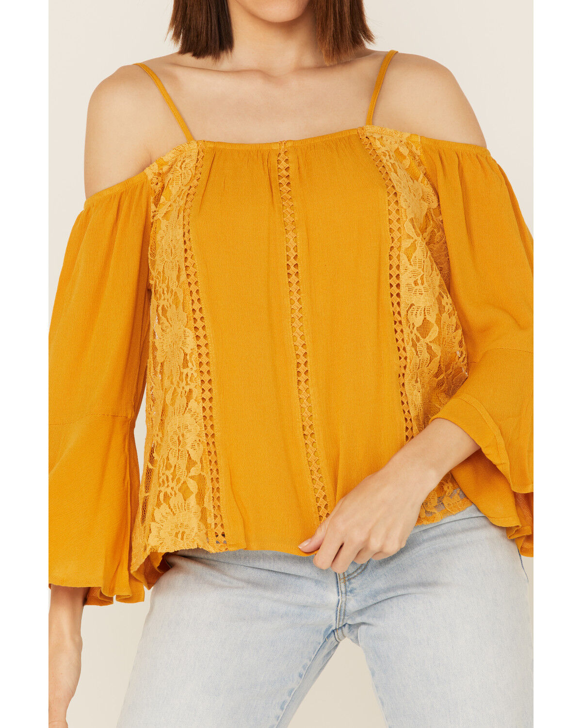 Image #3 - Miss Me Women's Cold Shoulder Lace Top, Mustard, hi-res