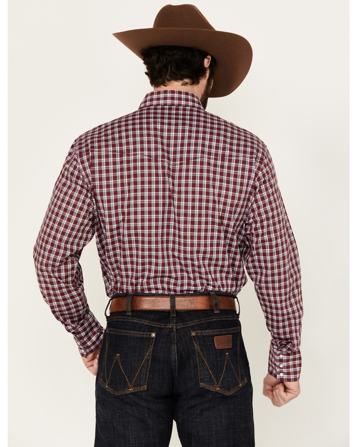 Image #4 - Wrangler Men's Wrinkle Resistant Plaid Print Long Sleeve Snap Stretch Western Shirt, Dark Red, hi-res