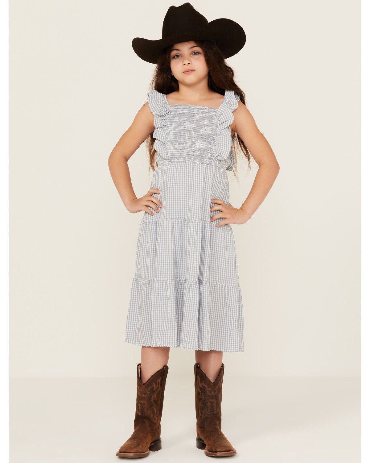 Hayden LA Girls' Gingham Print Puff Sleeve Midi Dress, Blue, hi-res
