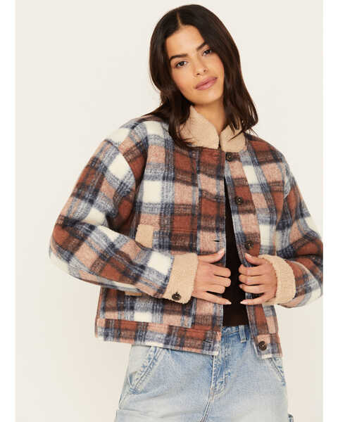 Cleo + Wolf Women's Cropped Plaid Print Jacket , Rust Copper, hi-res