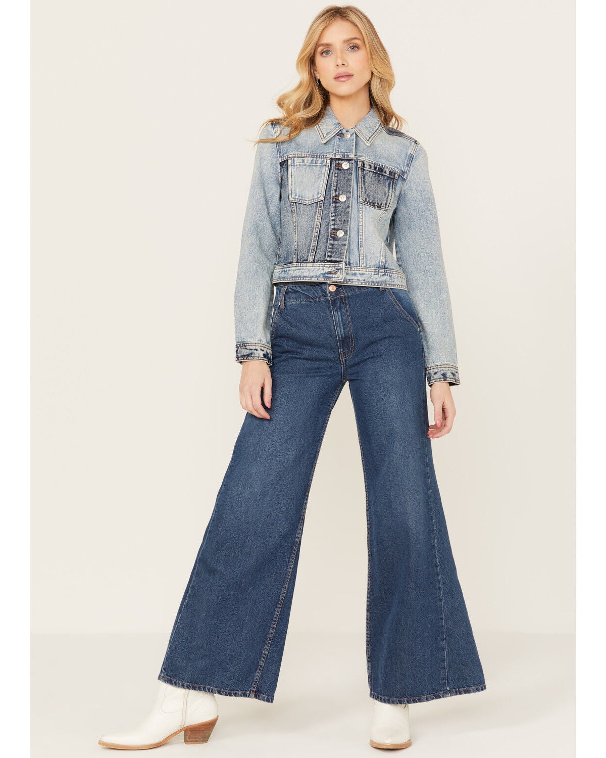 Cleo + Wolf Women's Light Wash Cropped Trucker Denim Jacket, Light Medium Wash, hi-res