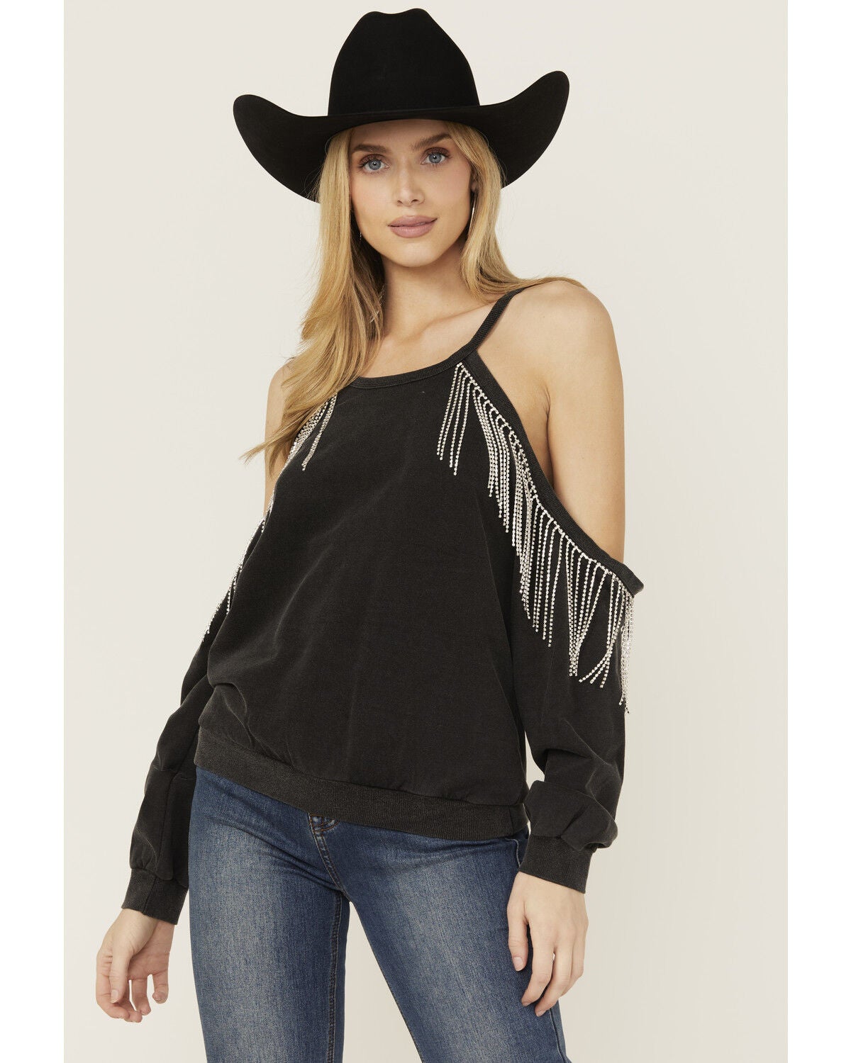 Blue B Women's Rhinestone Fringe Cold Shoulder Sweatshirt, Black, hi-res