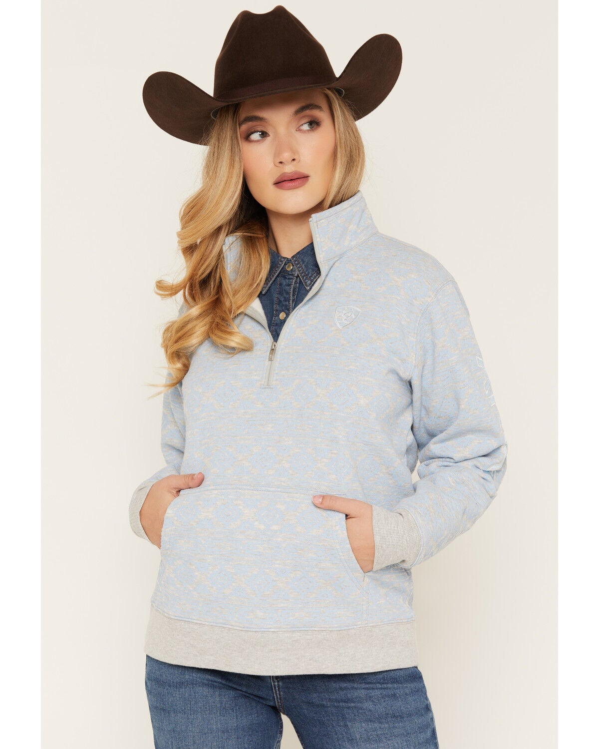 Ariat Women's Boot Barn Exclusive Southwestern Print 1/4 Zip Pullover, Blue, hi-res