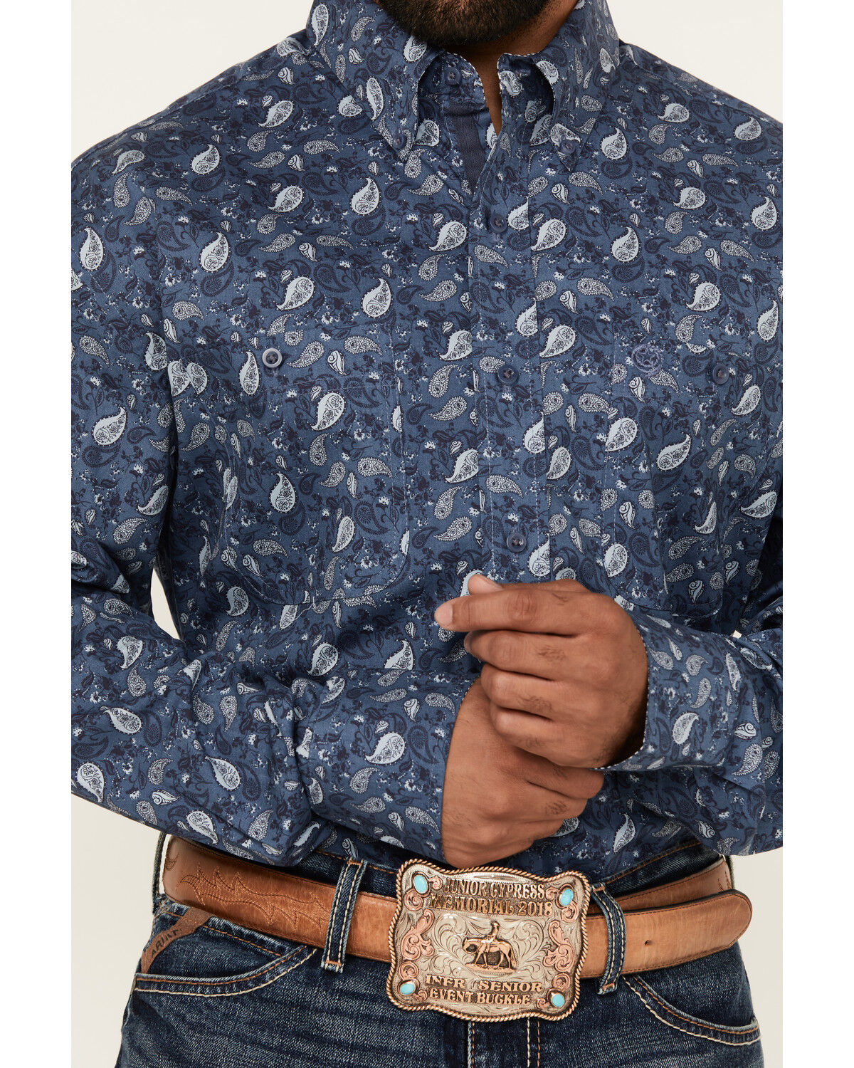 Image #3 - George Strait by Wrangler Men's Paisley Print Long Sleeve Button-Down Stretch Western Shirt - Big, Navy, hi-res