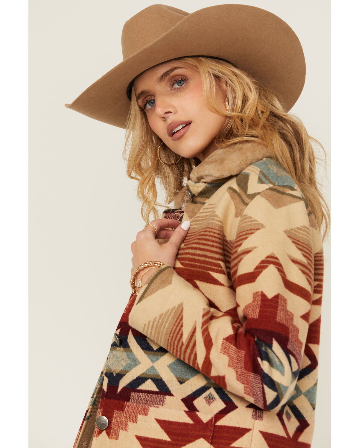 Image #2 - Pendleton Women's Sherpa Collar Printed Coat, Tan, hi-res