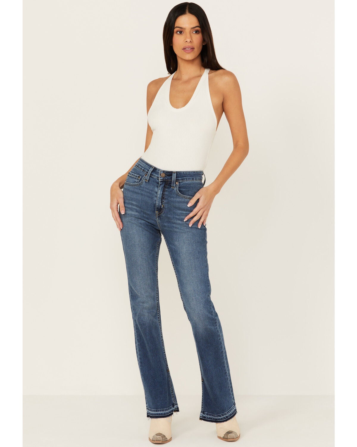 Levi's Women's Dark Wash Wait High Rise 725 Slit Hem Stretch Bootcut Jeans, Dark Wash, hi-res