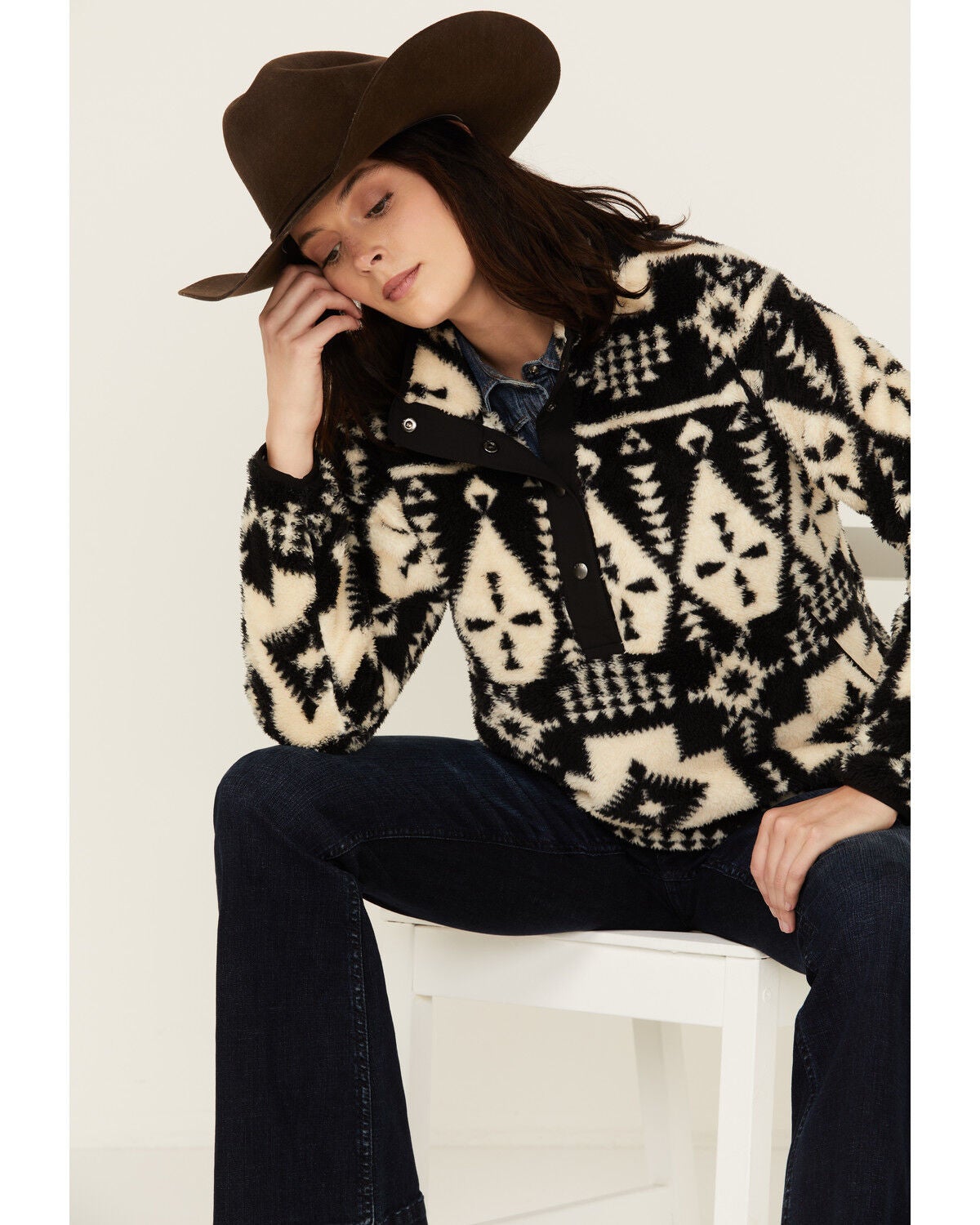 Ariat Women's Berber Southwestern Print Sherpa Pullover, Black, hi-res