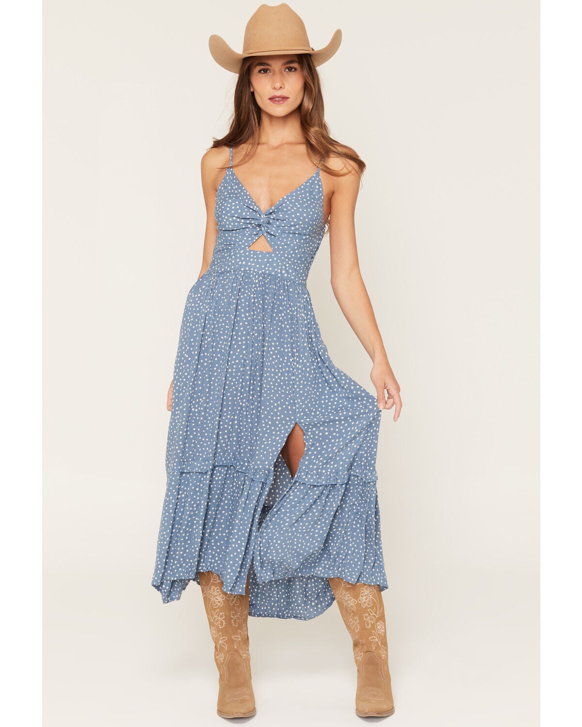 Image #1 - Angie Women's Polka Dot Twist Front Sleeveless Midi Dress, Blue, hi-res