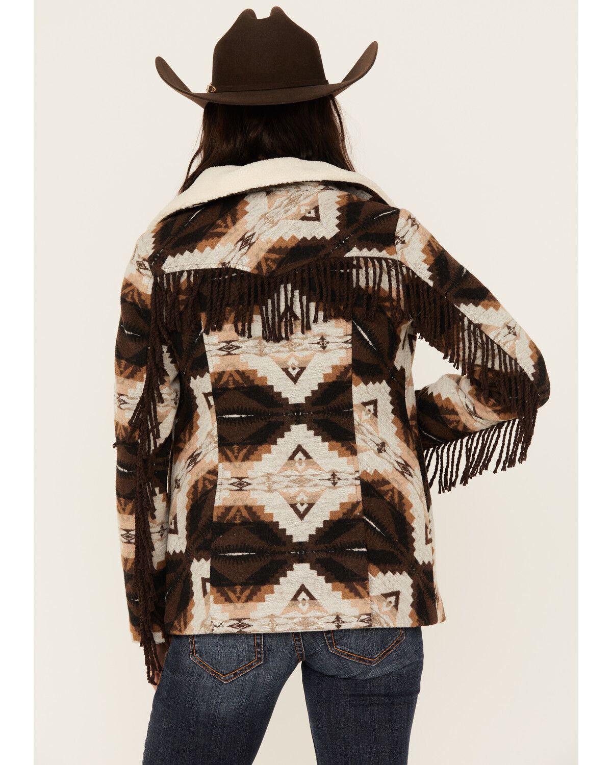 Image #4 - Powder River Outfitters Women's Southwestern Jacquard Fringe Coat, Brown, hi-res