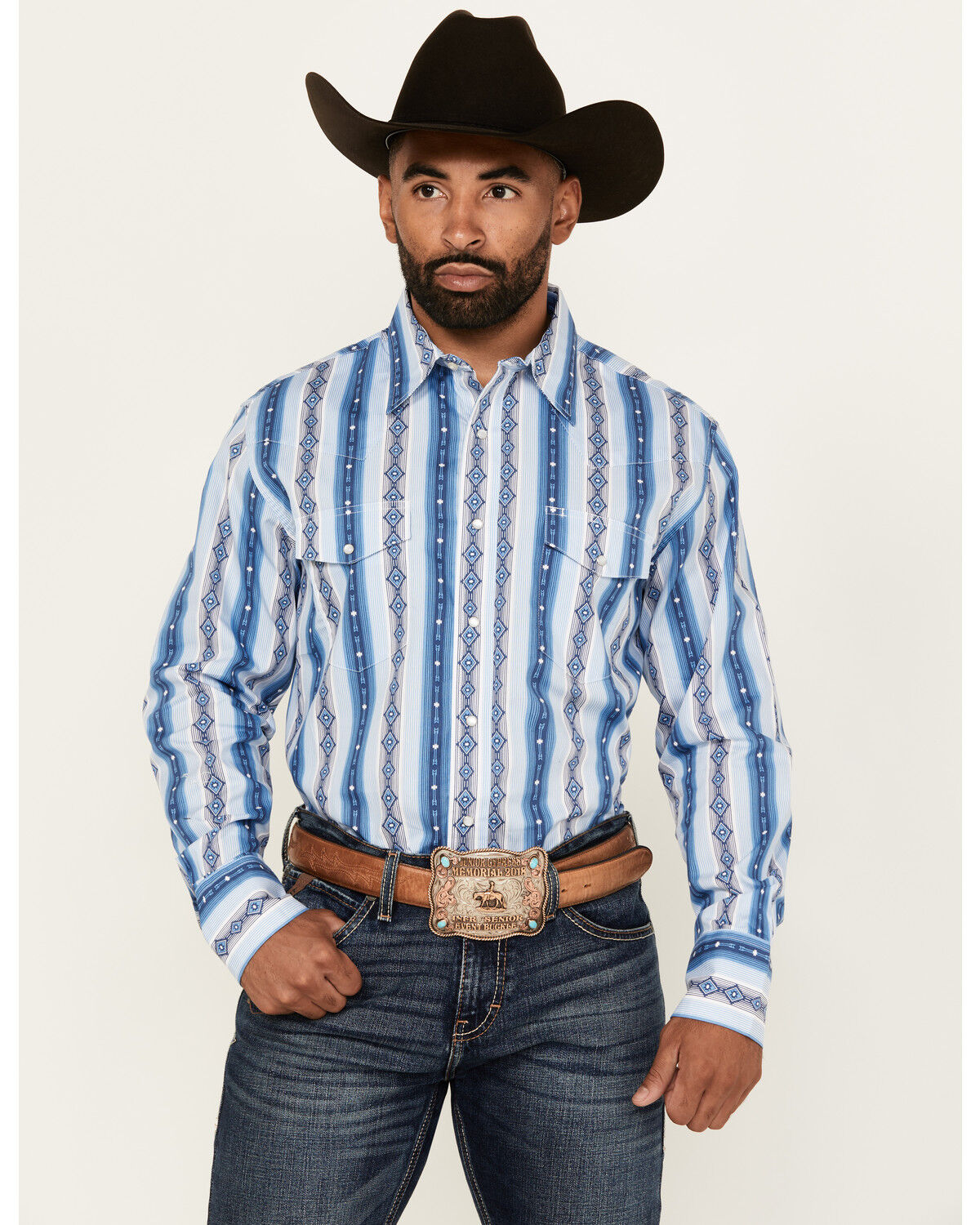 Image #1 - Wrangler Men's Checotah Southwestern Print Long Sleeve Snap Western Shirt, Blue, hi-res