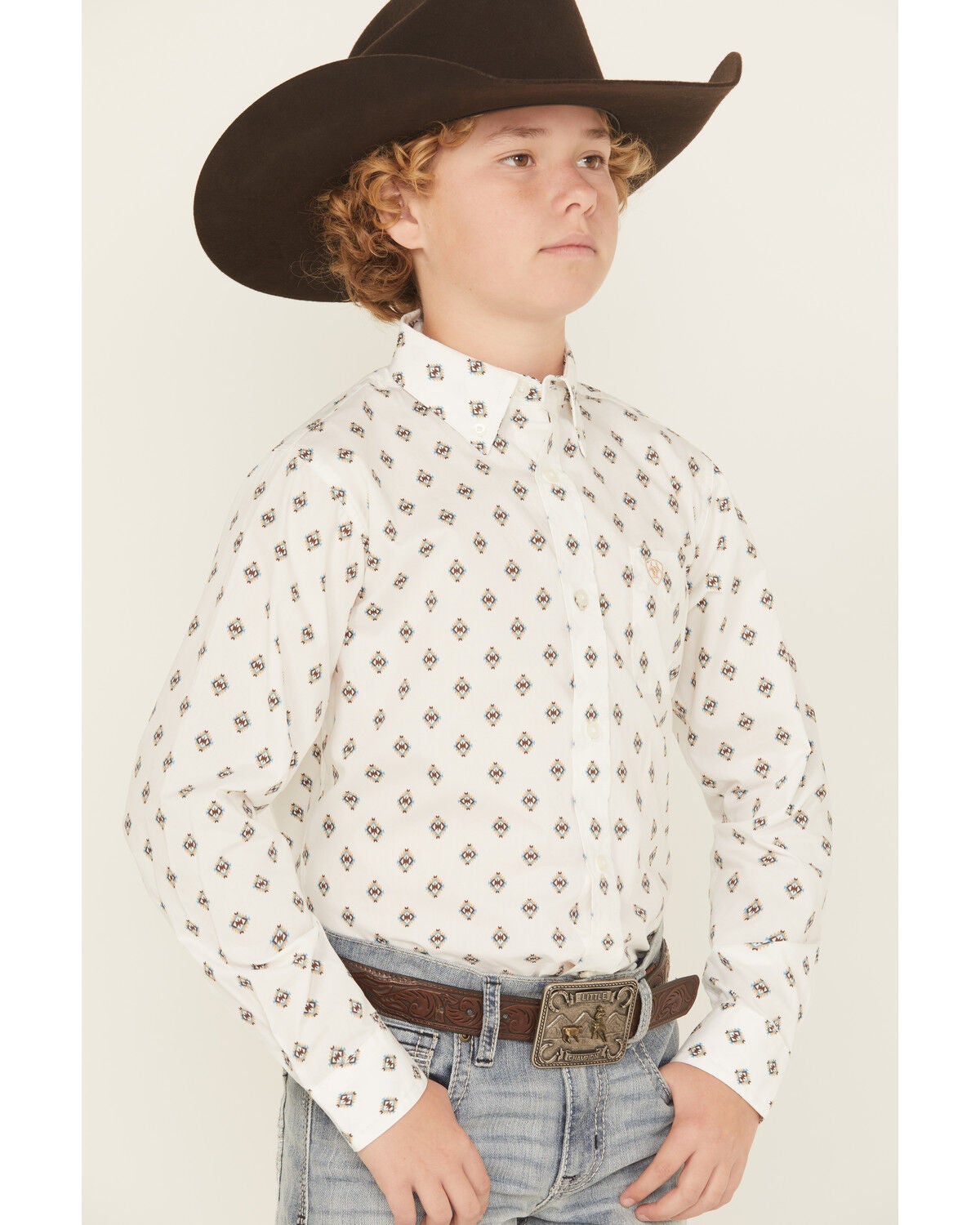 Image #2 - Ariat Boys' Classic Geo Print Long Sleeve Button-Down Western Shirt, White, hi-res