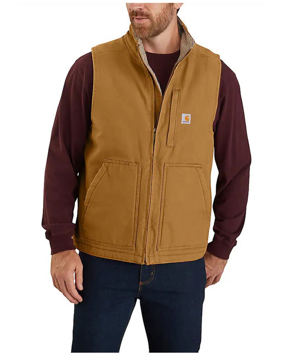 Carhartt Men's Brown Washed Duck Sherpa Lined Mock Neck Work Vest - Tall, Brown, hi-res