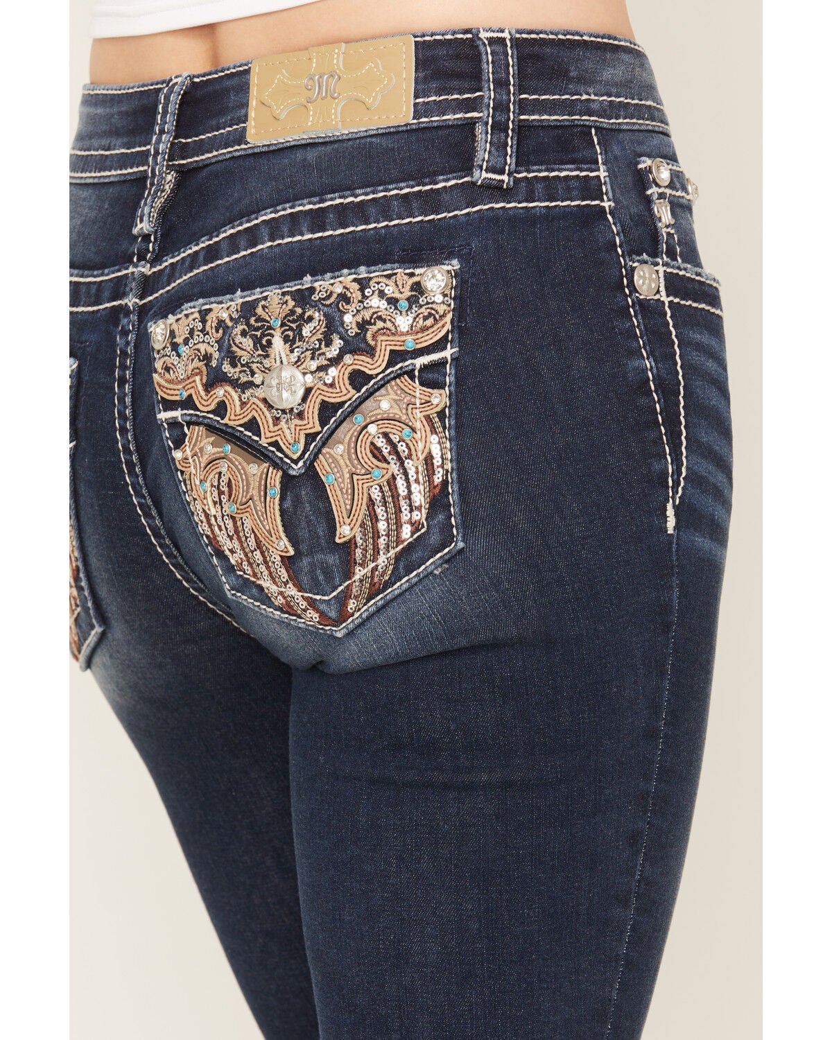 Image #2 - Miss Me Women's Dark Wash Mid Rise Winged Pocket 32" Bootcut Stretch Denim Jeans, Dark Wash, hi-res
