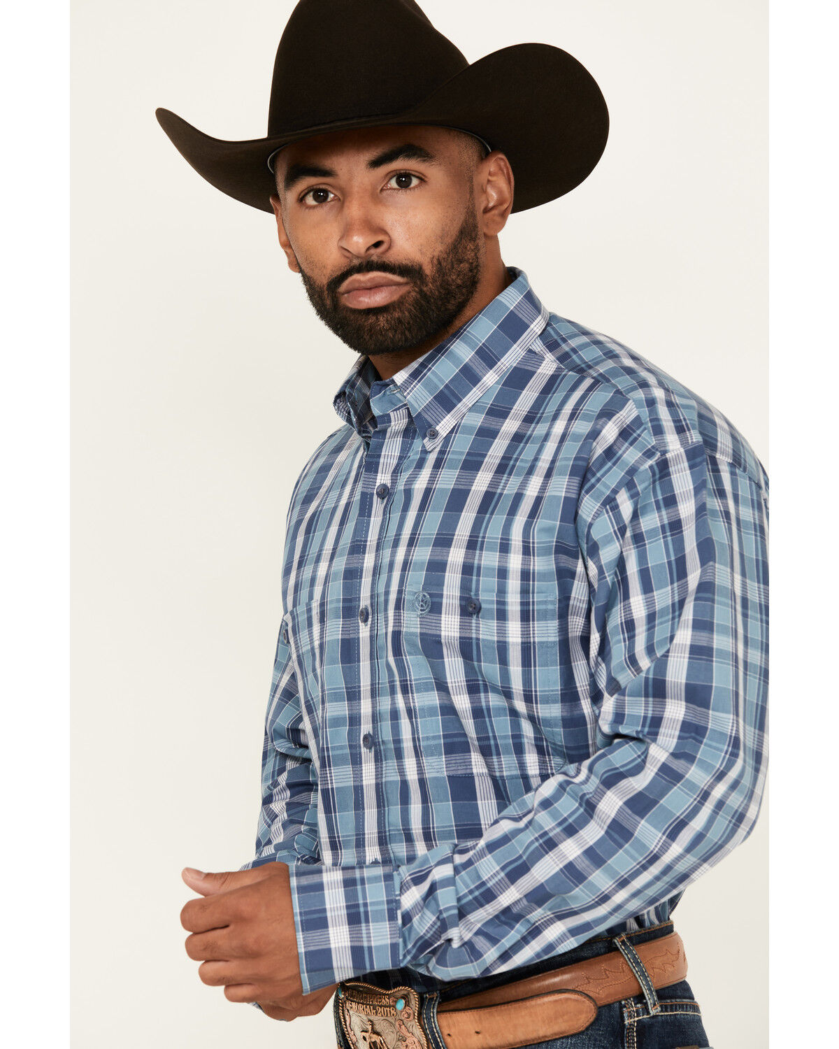 Image #2 - George Strait by Wrangler Men's Plaid Print Long Sleeve Stretch Western Shirt - Big, Navy, hi-res