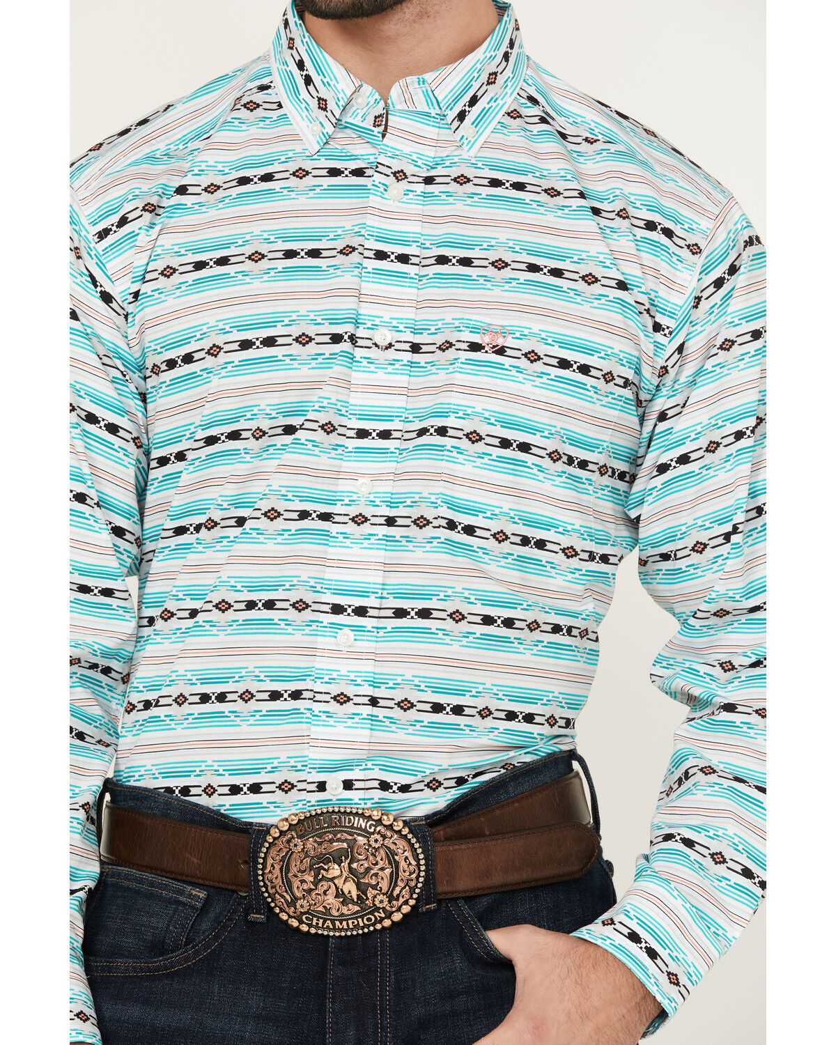 Image #3 - Ariat Men's Jefferson Southwestern Striped Long Sleeve Button-Down Western Shirt - Big, Turquoise, hi-res