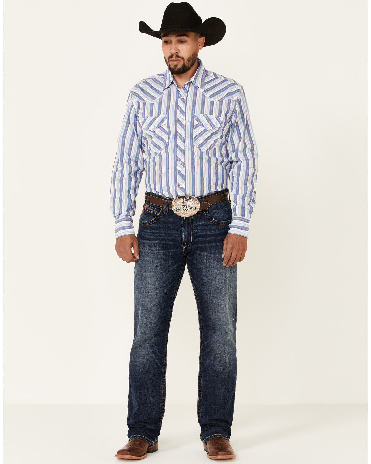 Image #2 - Wrangler 20X Men's Striped Long Sleeve Snap Western Shirt, Blue, hi-res