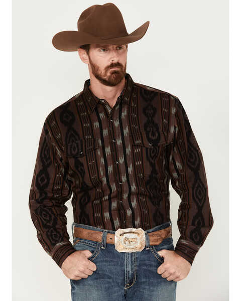 Scully Men's Jacquard Southwestern Stripe Long Sleeve Snap Shirt, Brown, hi-res