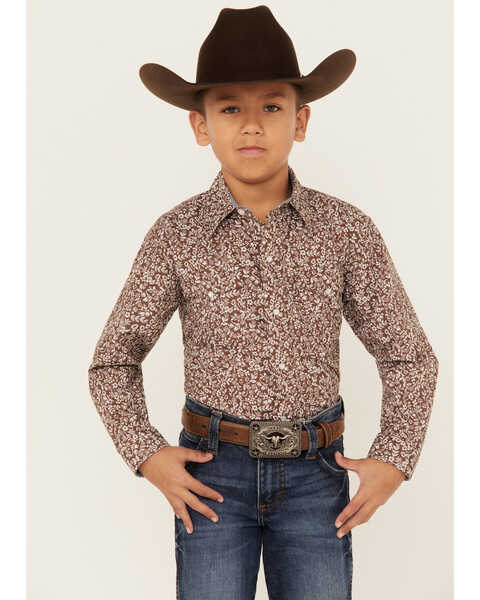 Roper Boys' Floral Print Long Sleeve Western Peal Snap Shirt, Brown, hi-res