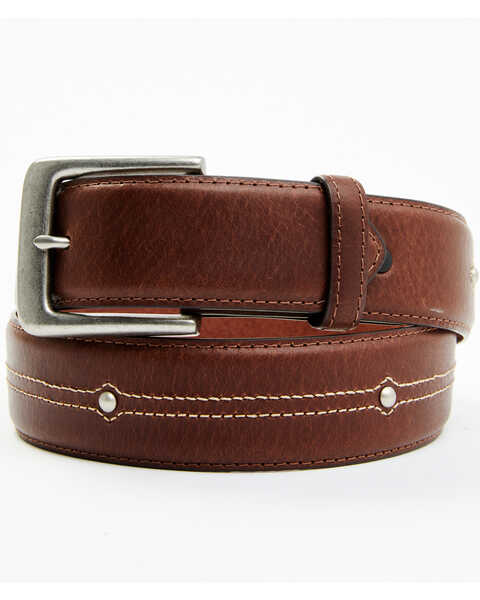 Image #1 - Hawx Men's Brown Center Stitch Studded Leather Belt, Brown, hi-res
