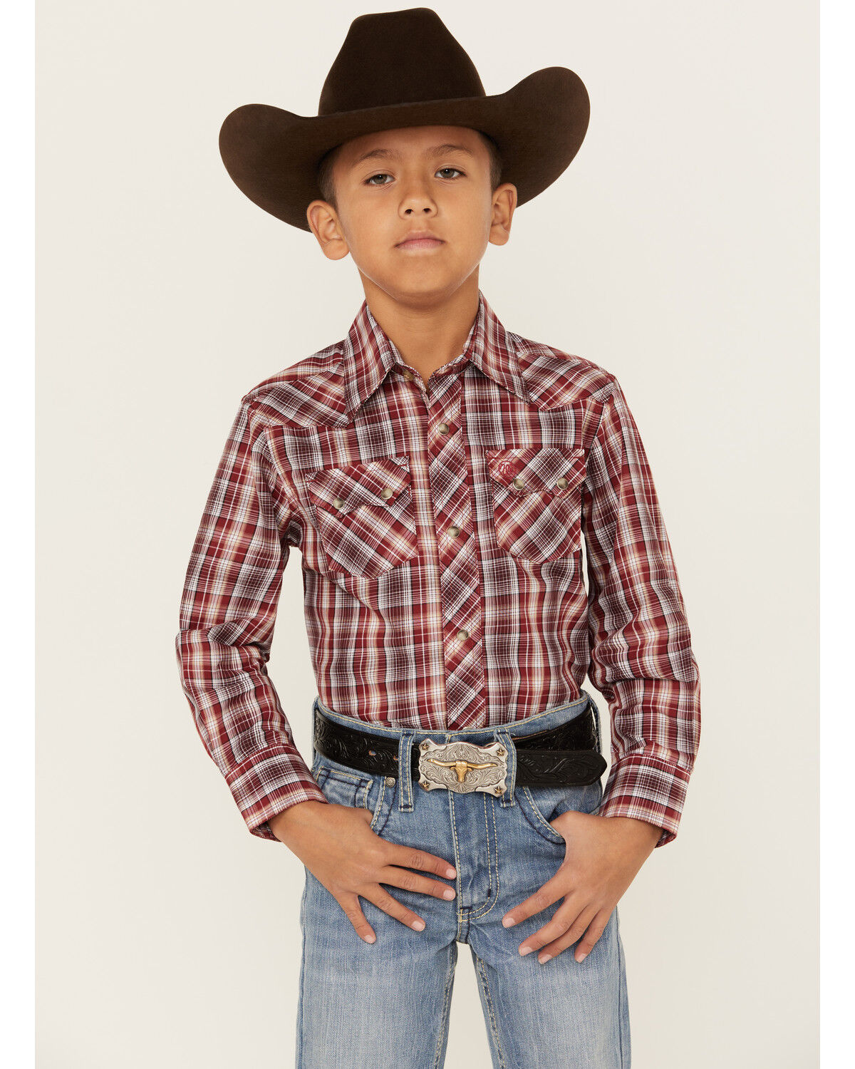 Image #1 - Wrangler Retro Boys' Plaid Print Long Sleeve Snap Western Shirt, Red, hi-res