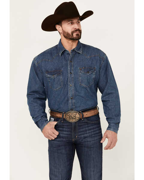 Image #1 - Stetson Men's Denim Long Sleeve Snap Western Shirt, Denim, hi-res
