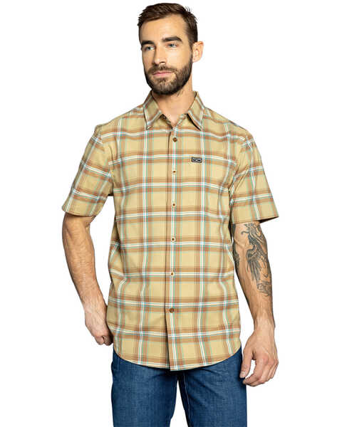 Kimes Ranch Men's 4 Stroke Plaid Print Short Sleeve Button Down Shirt, Tan, hi-res