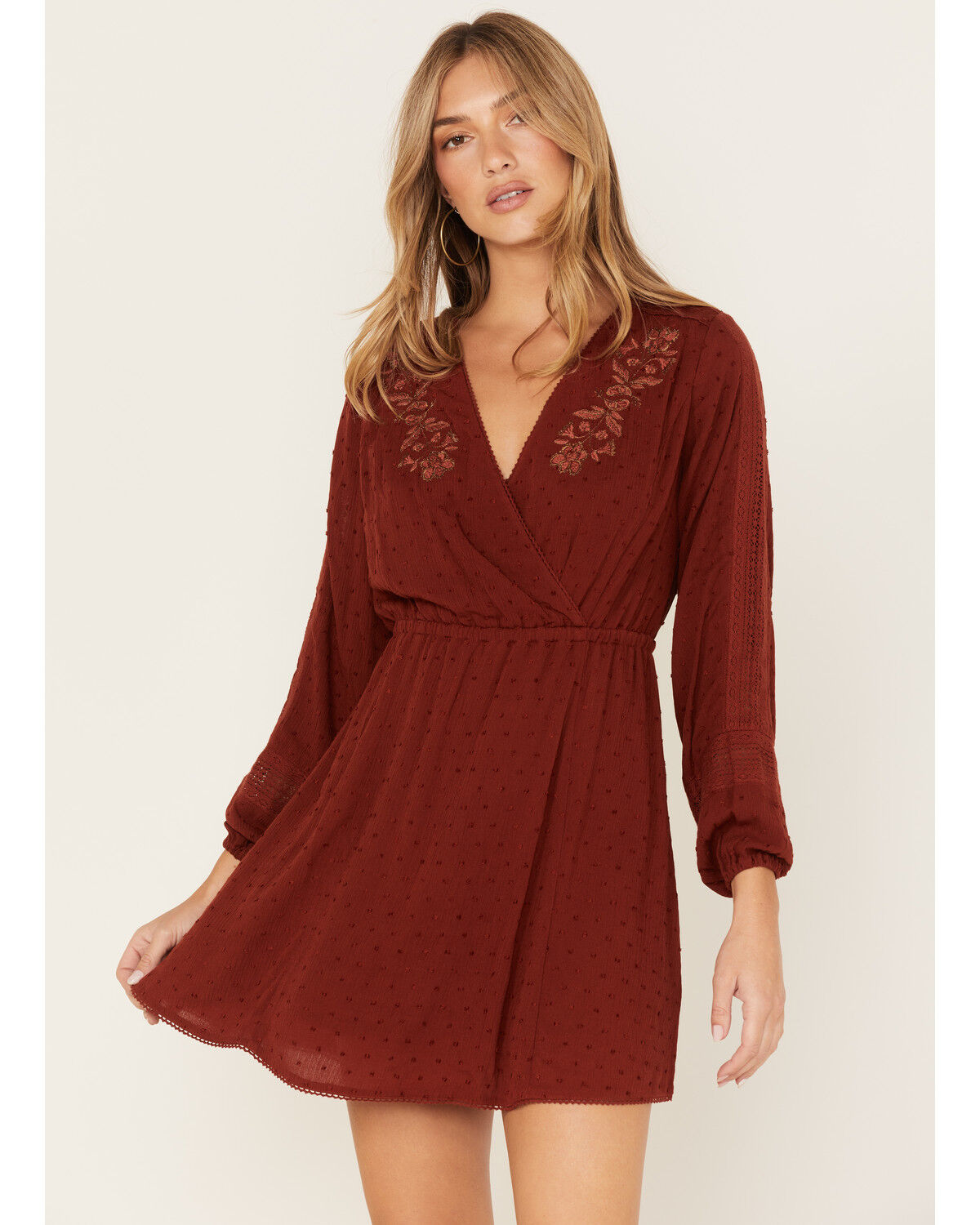 Image #1 - Idyllwind Women's Floral Embroidered Swiss Dot Wrap Dress, , hi-res