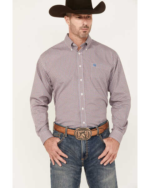 Cinch Men's Diamond Geo Print Long Sleeve Button-Down Western Shirt, Blue/red, hi-res