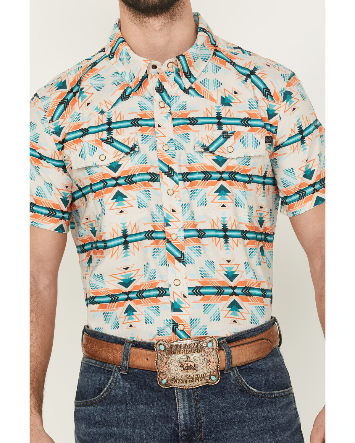 Image #3 - Panhandle Men's Boot Barn Exclusive TEK Southwestern Print Short Sleeve Performance Western Shirt, Cream, hi-res