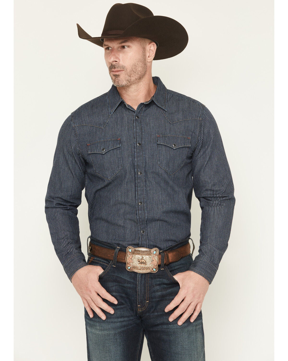 Blue Ranchwear Men's Dark Wash Railroad Striped Print Long Sleeve Snap Western Shirt, Dark Wash, hi-res