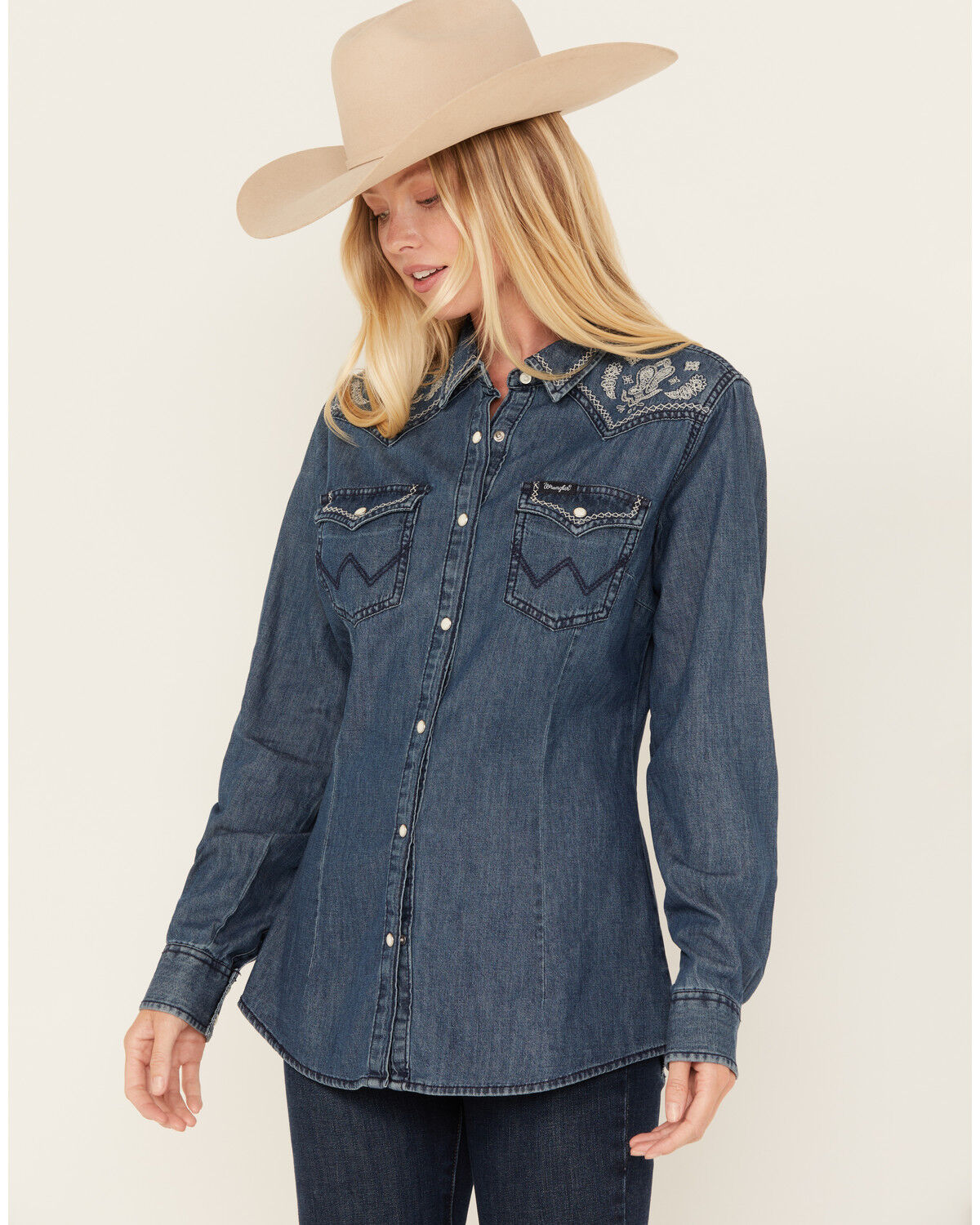Image #1 - Wrangler Retro Women's Dark Wash Denim Embroidered Long Sleeve Western Shirt, Dark Wash, hi-res