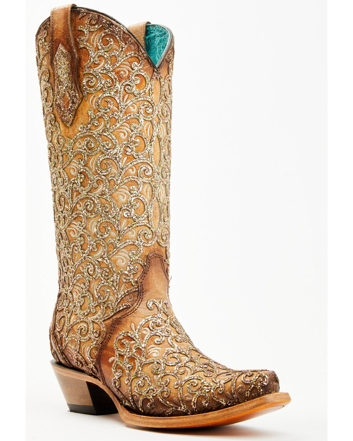 Image #1 - Corral Women's Saddle Glitter Overlay Triad Western Boots - Snip Toe, Brown, hi-res