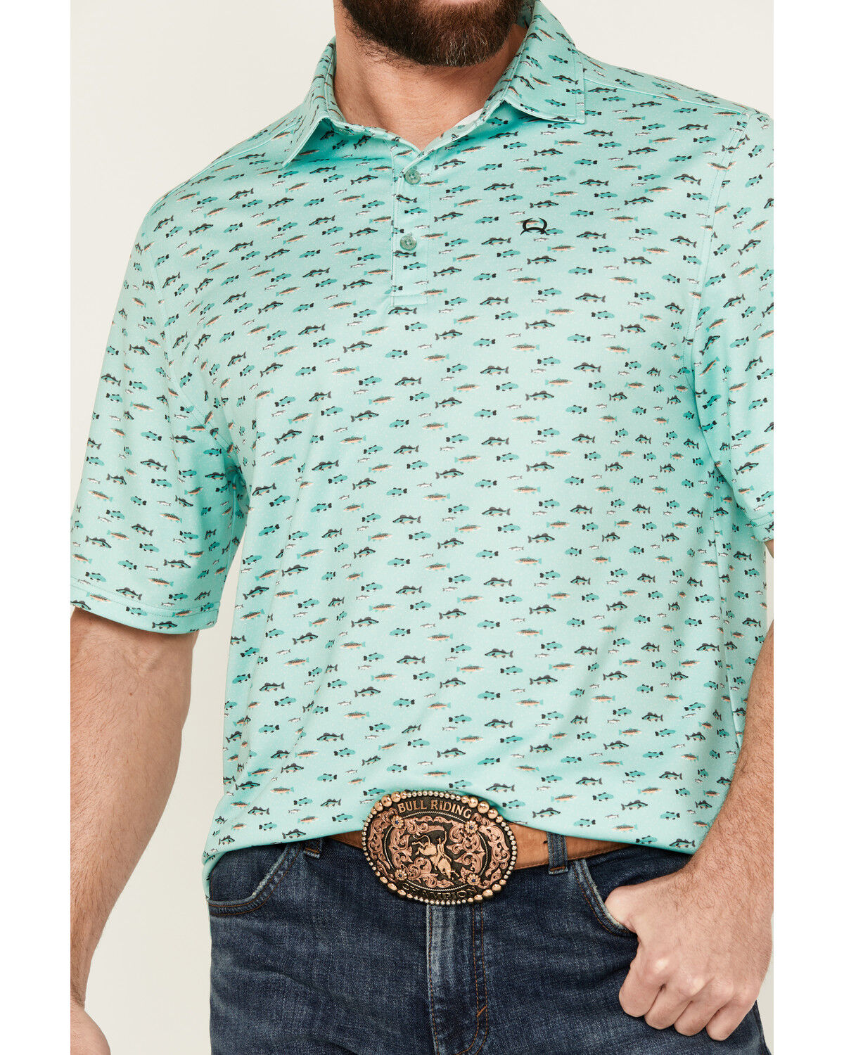 Image #3 - Cinch Men's ARENAFLEX® Fish Print Short Sleeve Performance Polo, Turquoise, hi-res