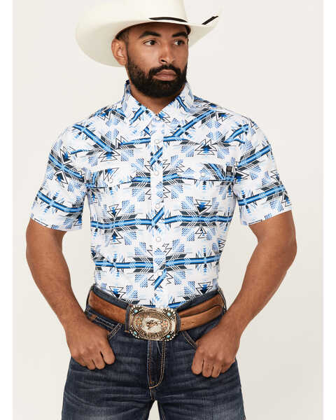 Rock & Roll Denim Men's Tek Southwestern Print Short Sleeve Snap Western Shirt , White, hi-res