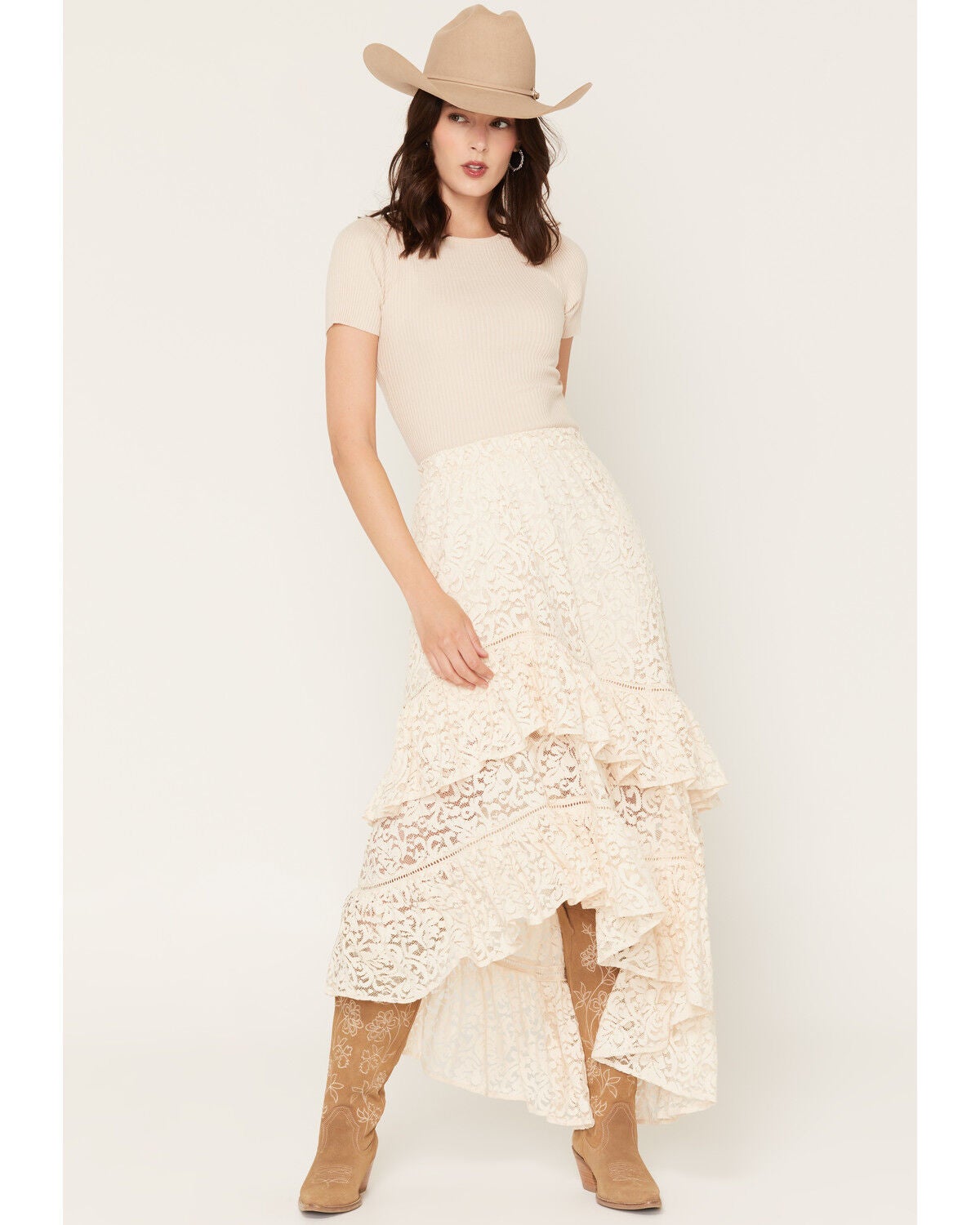 Shyanne Women's Mae High-Low Lace Midi Skirt, Natural, hi-res